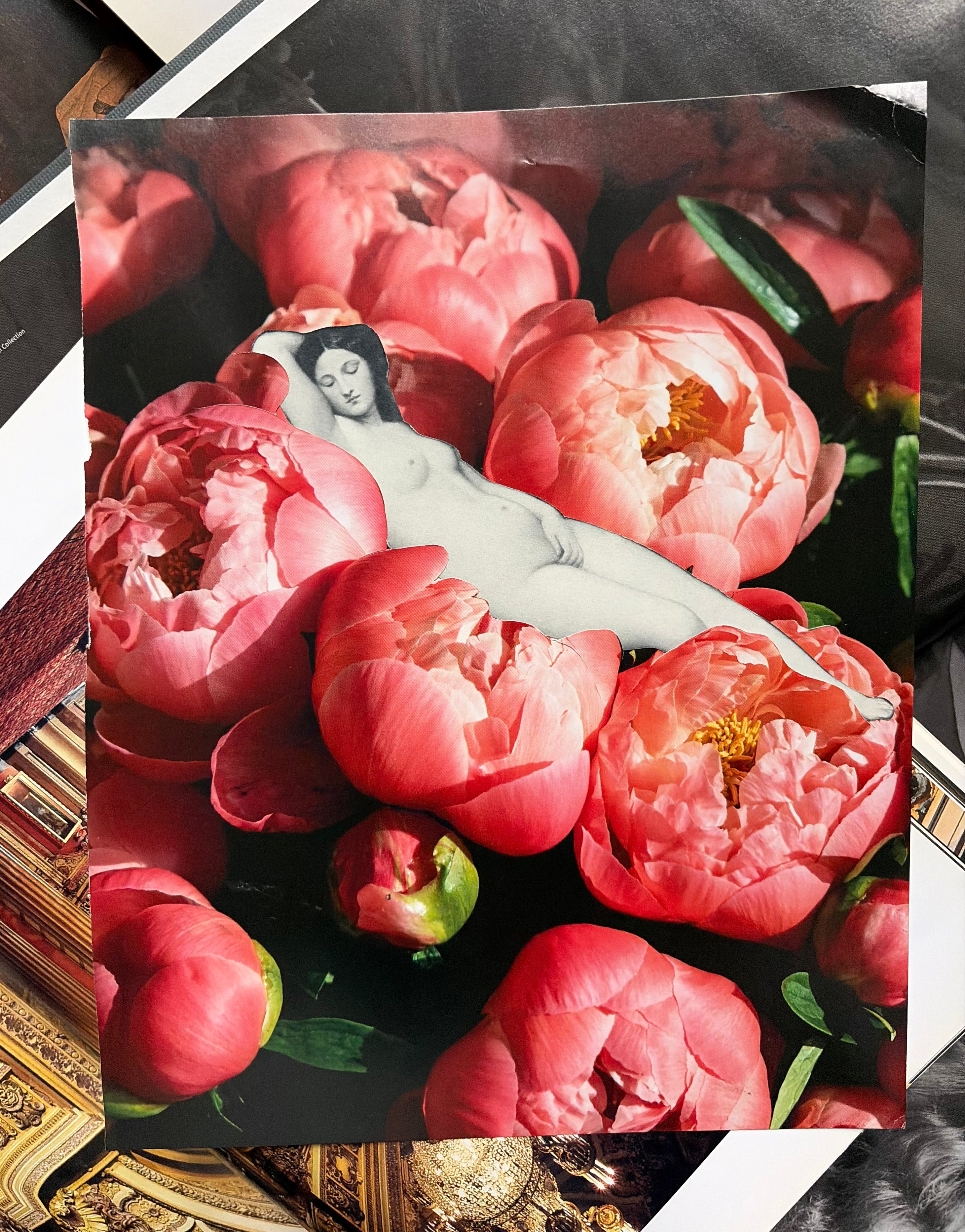 “Venus of the Peonies”, original hand cut collage